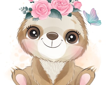 Cute sloth clipart with watercolor illustration