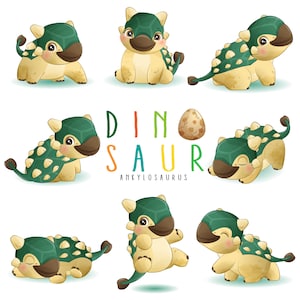 Cute dinosaur poses clipart with watercolor illustration