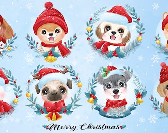 Cute dogs with wreath for christmas clipart set