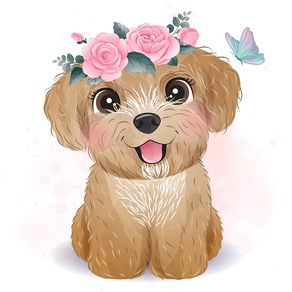 Cute poodle clipart with watercolor illustration