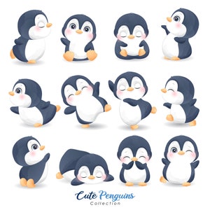 Lindo pingüino posa clipart con ilustración de acuarela