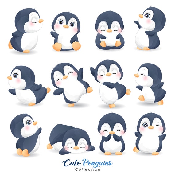 Süße kleine Pinguin posen Clipart mit Aquarell-Illustration - .de