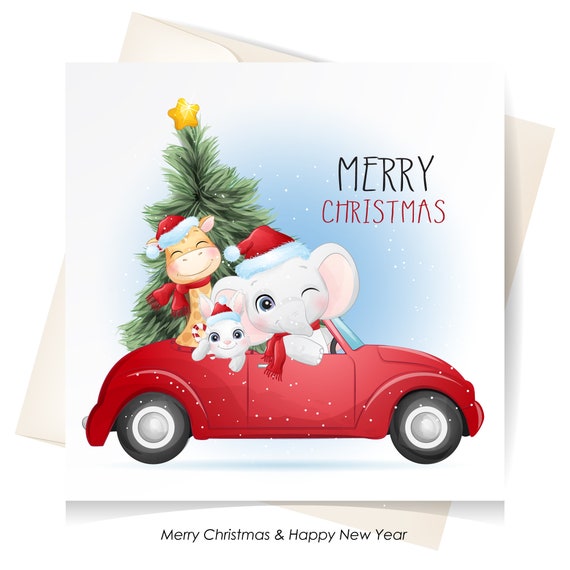 Little Red Car Christmas Greeting Card - The Painted Pen Watercolor  Greeting Card