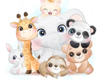 Cute animals clipart with watercolor illustration