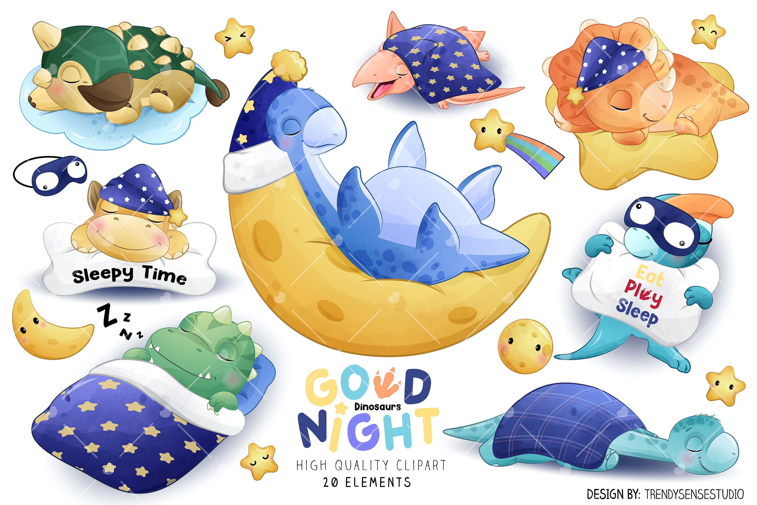Doodle Sleeping Dinosaurs digital clipart with watercolor illustration ...