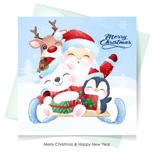かわいいサンタクロースと友達のメリークリスマスのグリーティングカードのクリップアート