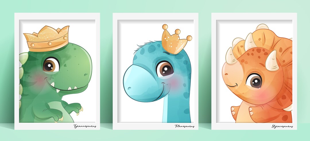 Kids Prints Dinosaur for Kids Poster Set. Digital Watercolor Effect ...