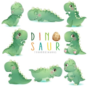 Lindo dinosaurio posa imágenes prediseñadas con ilustración de acuarela