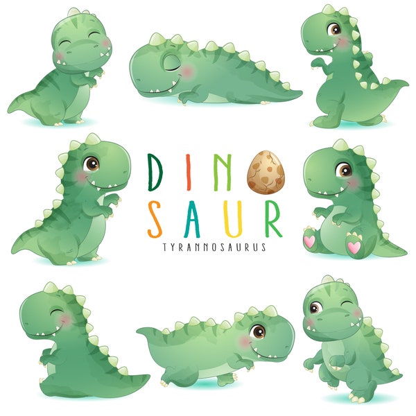 Cute dinosaur poses clipart with watercolor illustration