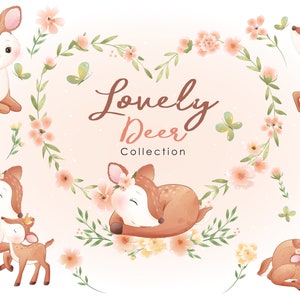 Cute Little Deer com clipart floral com ilustração aquarela