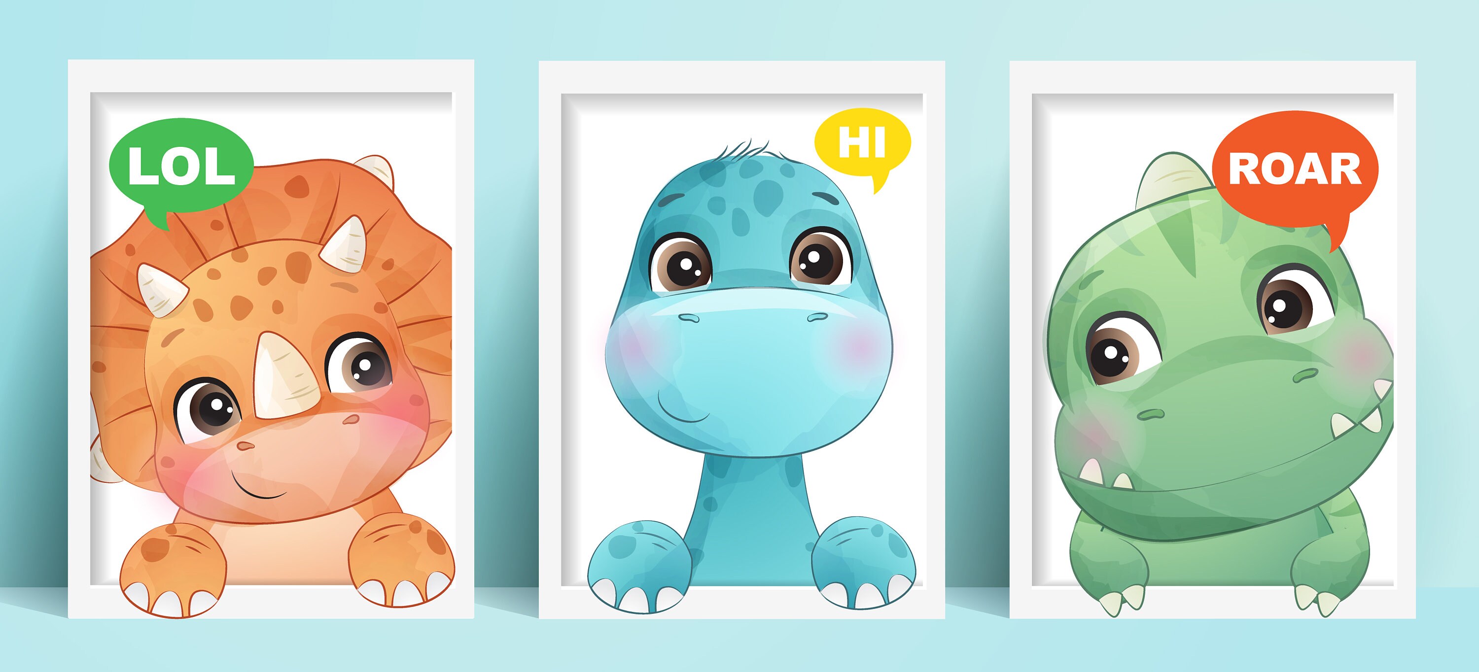 Kids Prints Dinosaur for Kids Poster Set. Digital Watercolor Effect ...
