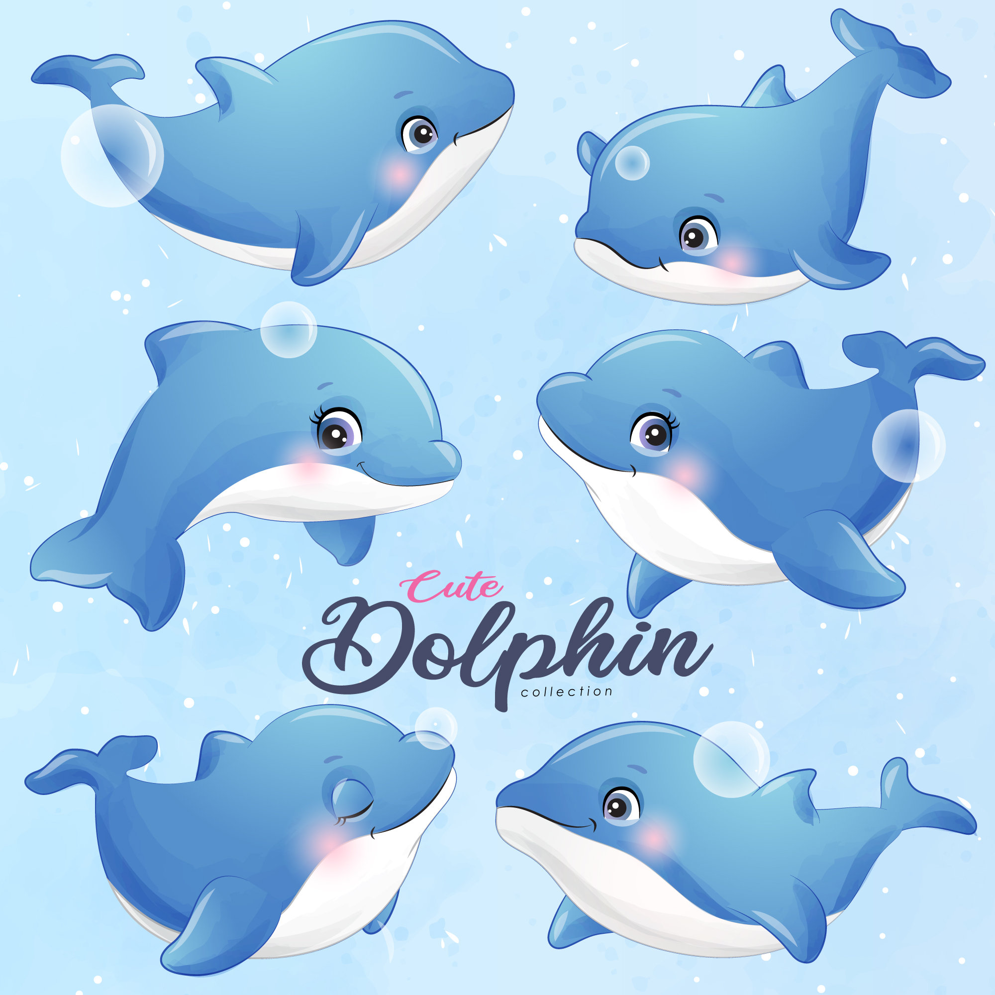 Cute Dolphin poses clipart with watercolor illustration Etsy