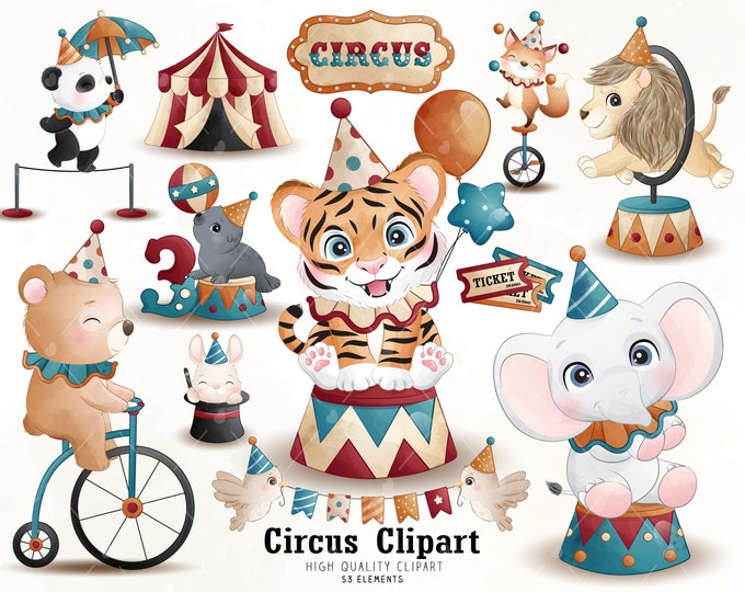 Featured listing image: Doodle Circus Birthday party with Numbering digital clipart watercolor illustration collection. Digital Download in PNG, JPG & EPS format.