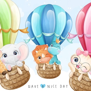 Cute animals flying with air balloon clipart