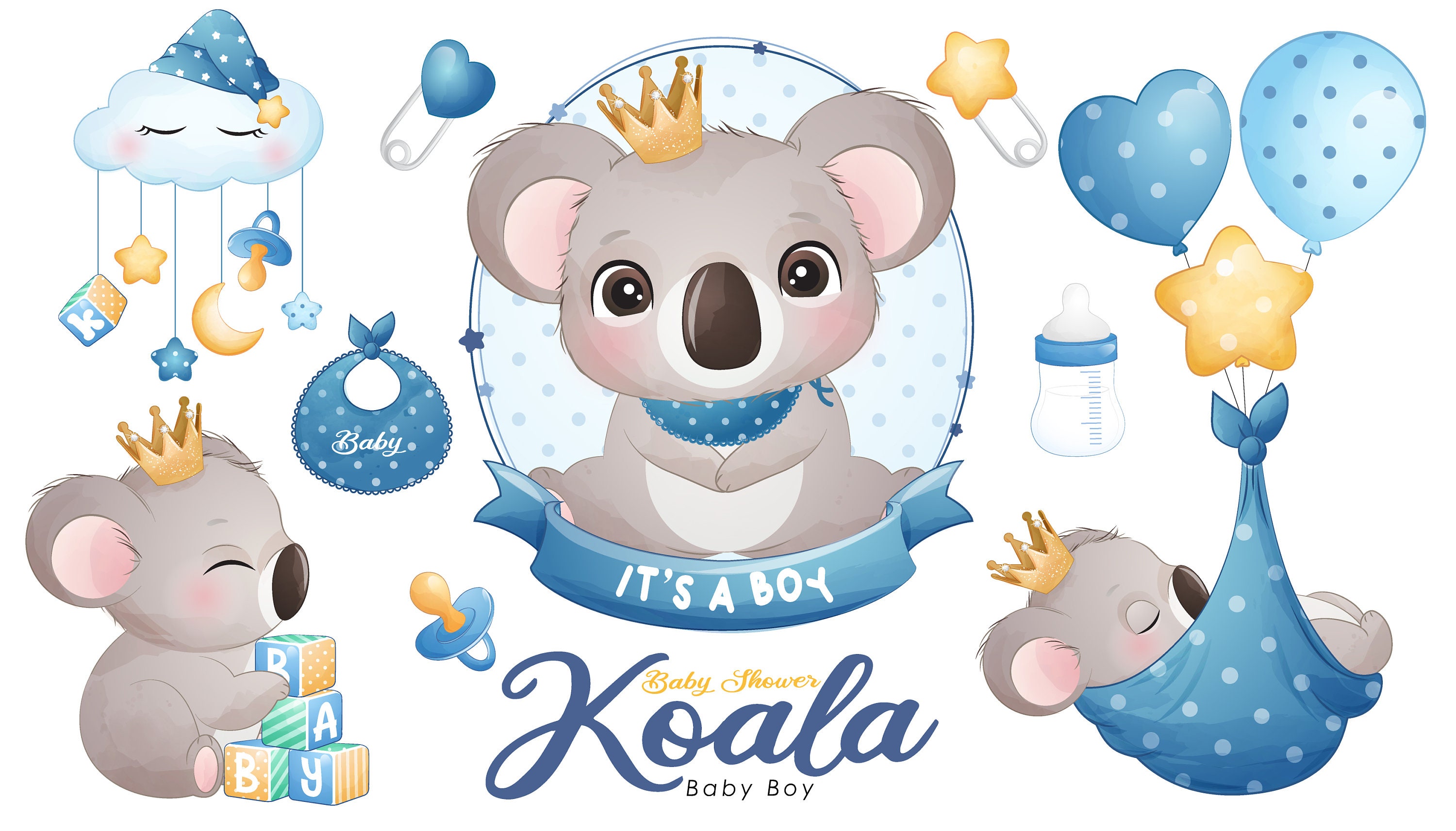 Cute doodle koala baby shower digital clipart collection