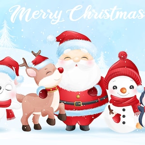 水彩イラスト付きのメリークリスマスのかわいいサンタクロースクリップアート