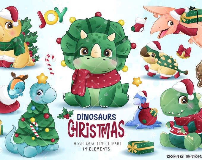 Featured listing image: Doodle Christmas Dinosaurs digital clipart with watercolor illustration collection. Digital Download in PNG, JPG & EPS format.