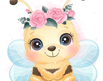Cute bee clipart with watercolor illustration