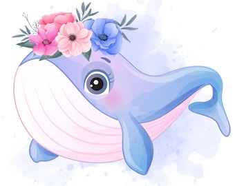 Cute whale clipart with watercolor illustration