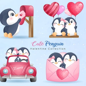 Simpatico pinguino per clipart di San Valentino con illustrazione ad acquerello