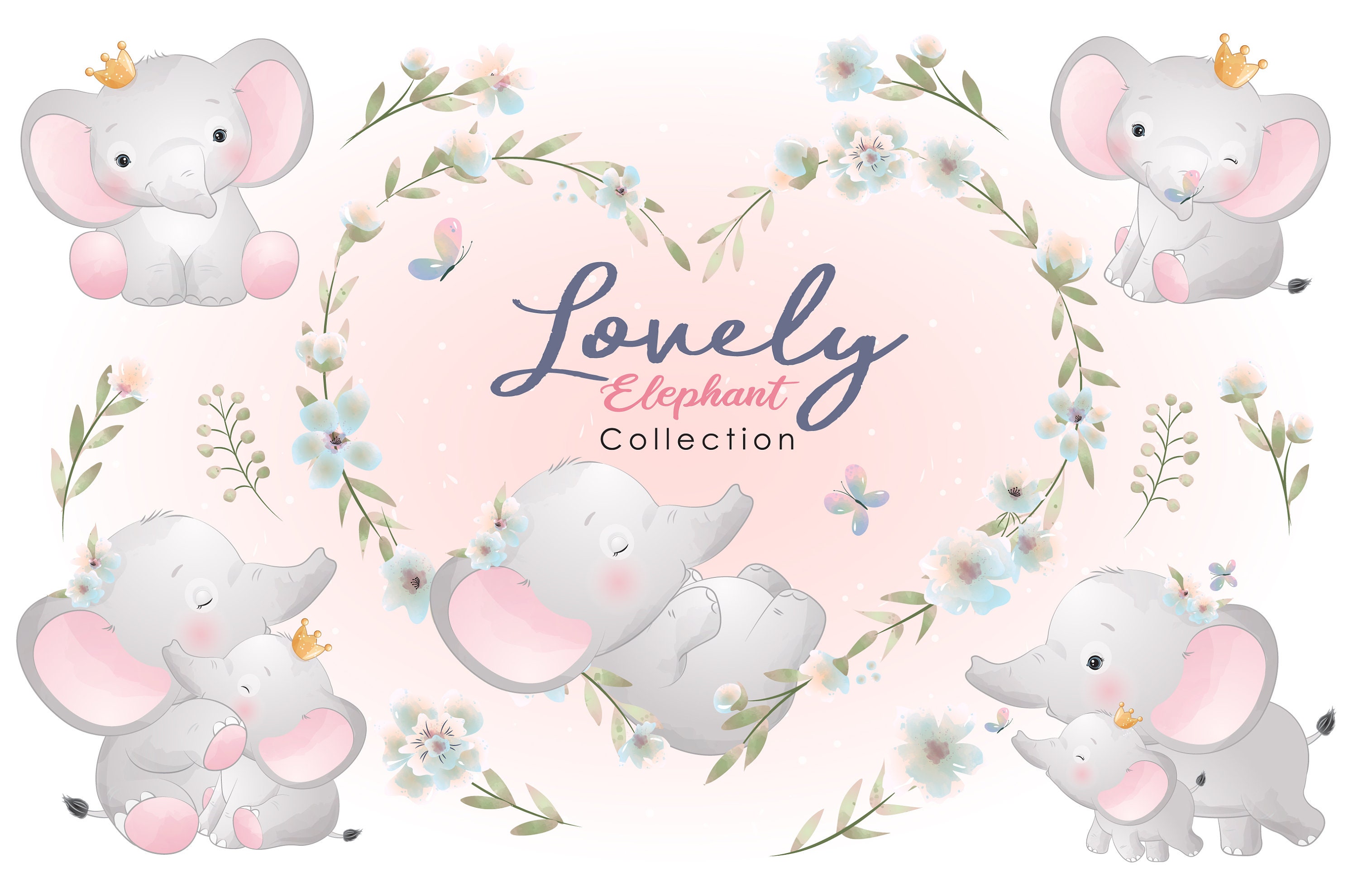 Cute Little Elephant With Floral Clipart With Watercolor Illustration ...