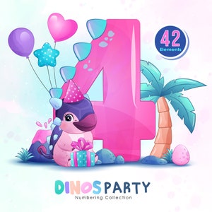 Doodle girly dinosaurus verjaardagsfeestje met nummering digitale clipart collectie.