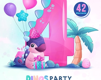 Doodle girly dinosaur birthday party with numbering digital clipart collection.