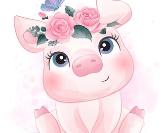 Cute piggy clipart with watercolor illustration