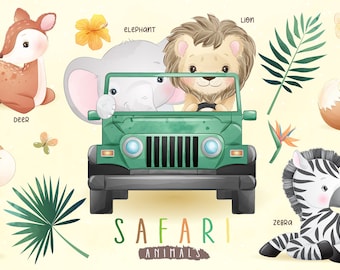 Cute safari animals clipart with watercolor illustration