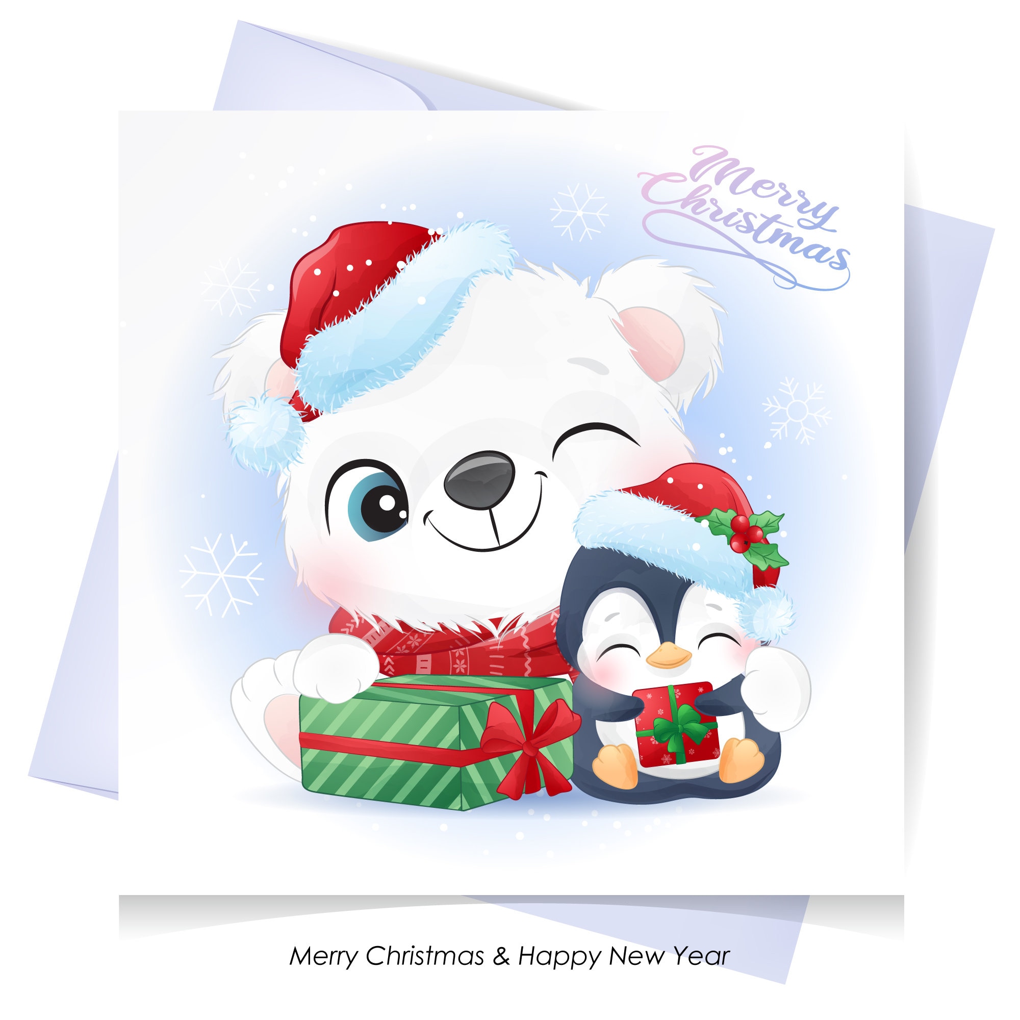 Cute Polar Bear and Penguin for Merry Christmas Greeting Card Clipart ...