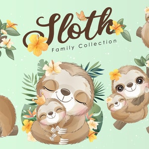 Cute sloth clipart set with watercolor illustration