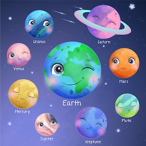 Ensemble doodle cartoon icons planètes clipart numérique ensemble