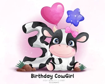 Doodle birthday cow girl party with numbering digital clipart watercolor illustration collection. Digital Download in PNG, JPG & EPS format.