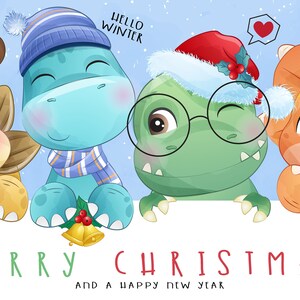 Dinosauro carino per clipart festa di Natale con illustrazione acquerello