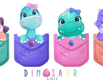 Doodle Girly Dinosaurs Pocket digital clipart with watercolor illustration collection. Digital Download in PNG, JPG & EPS format.