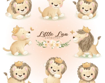 Cute Little Lions pose clipart avec illustration aquarelle