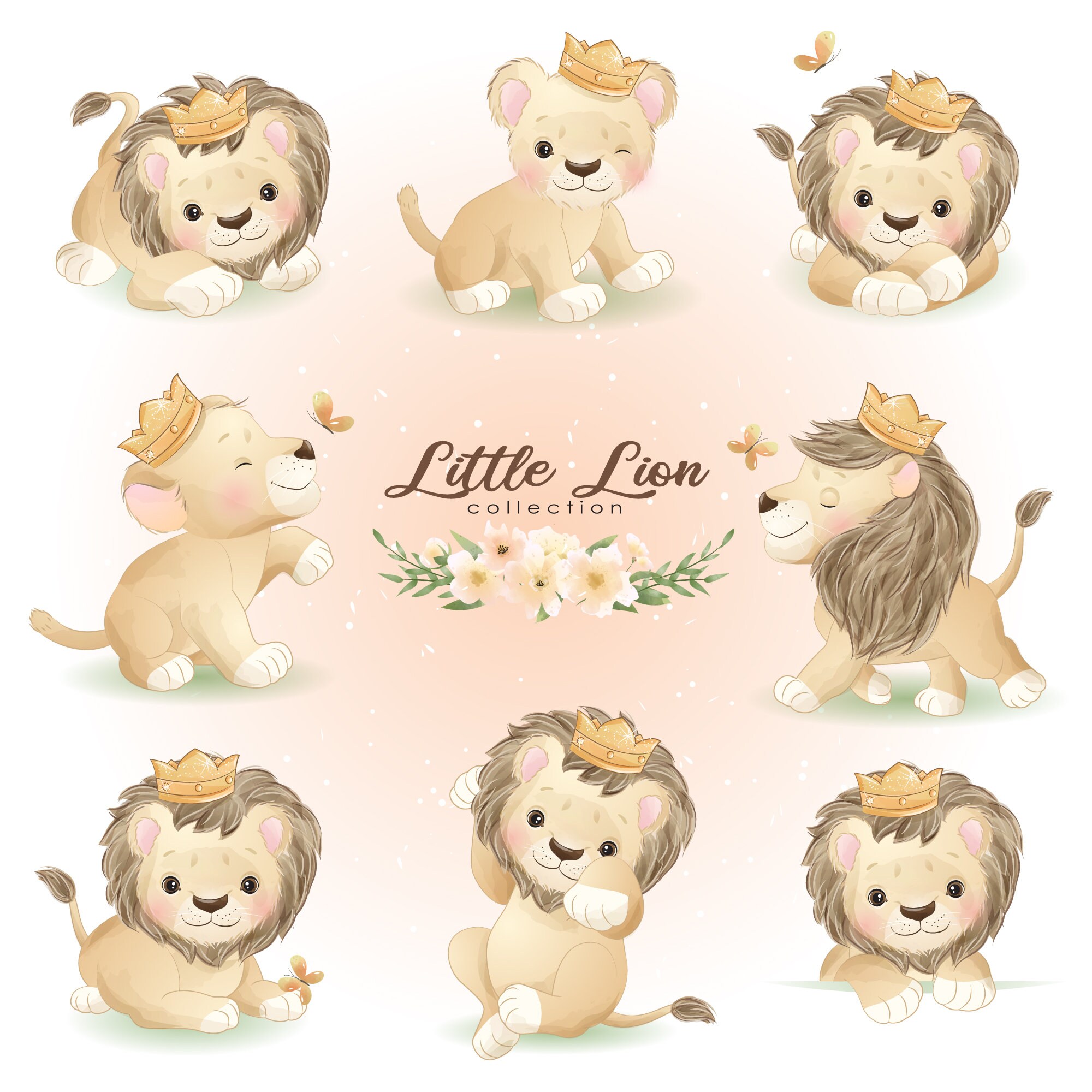 Cute Little Lions Poses Clipart With Watercolor Illustration - Etsy