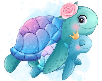 Cute sea turtle mother and baby clipart with watercolor illustration