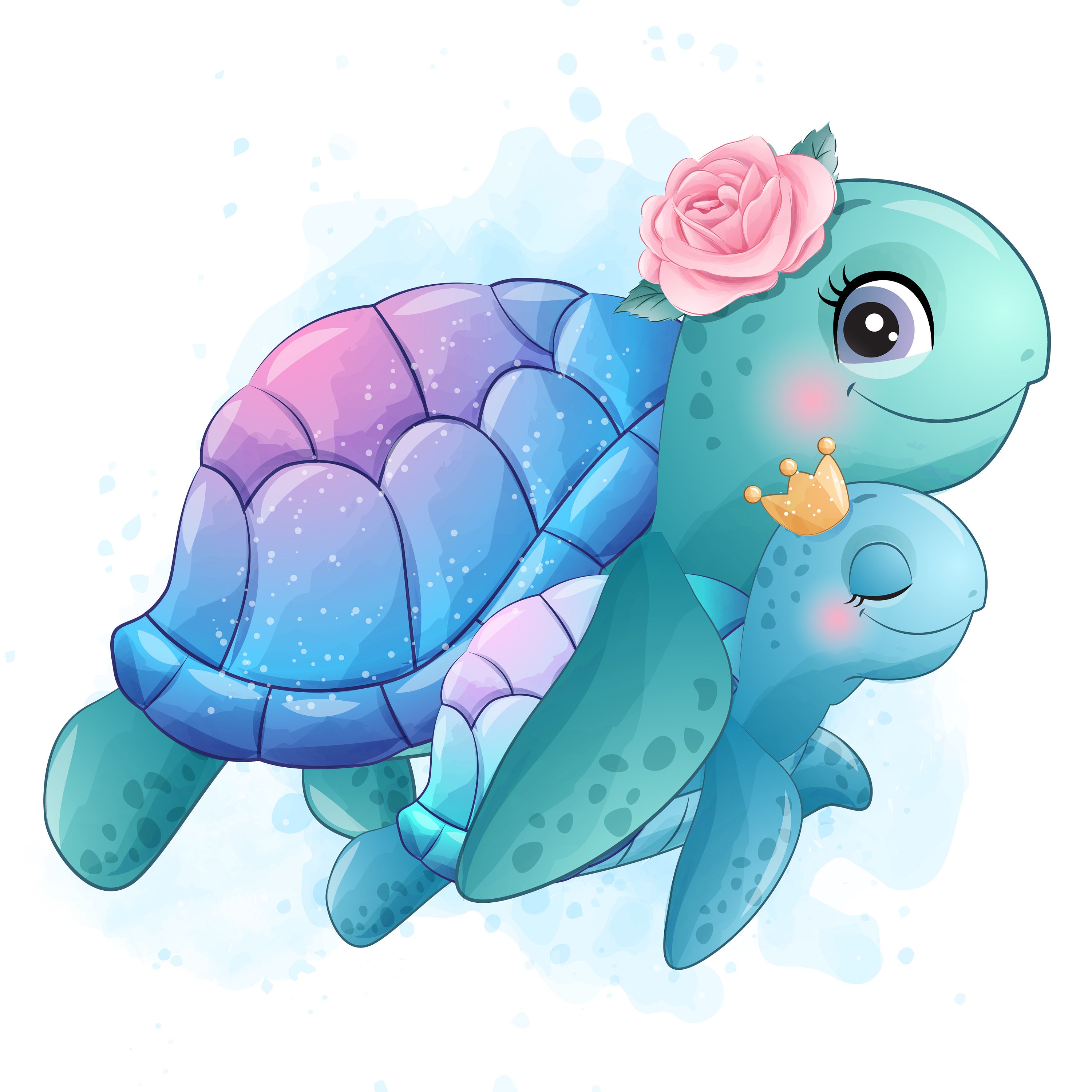 Cute sea turtle mother and baby clipart with watercolor illustration