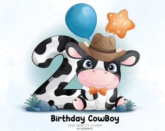 Doodle birthday cow boy party with numbering digital clipart watercolor illustration collection. Digital Download in PNG, JPG & EPS format.
