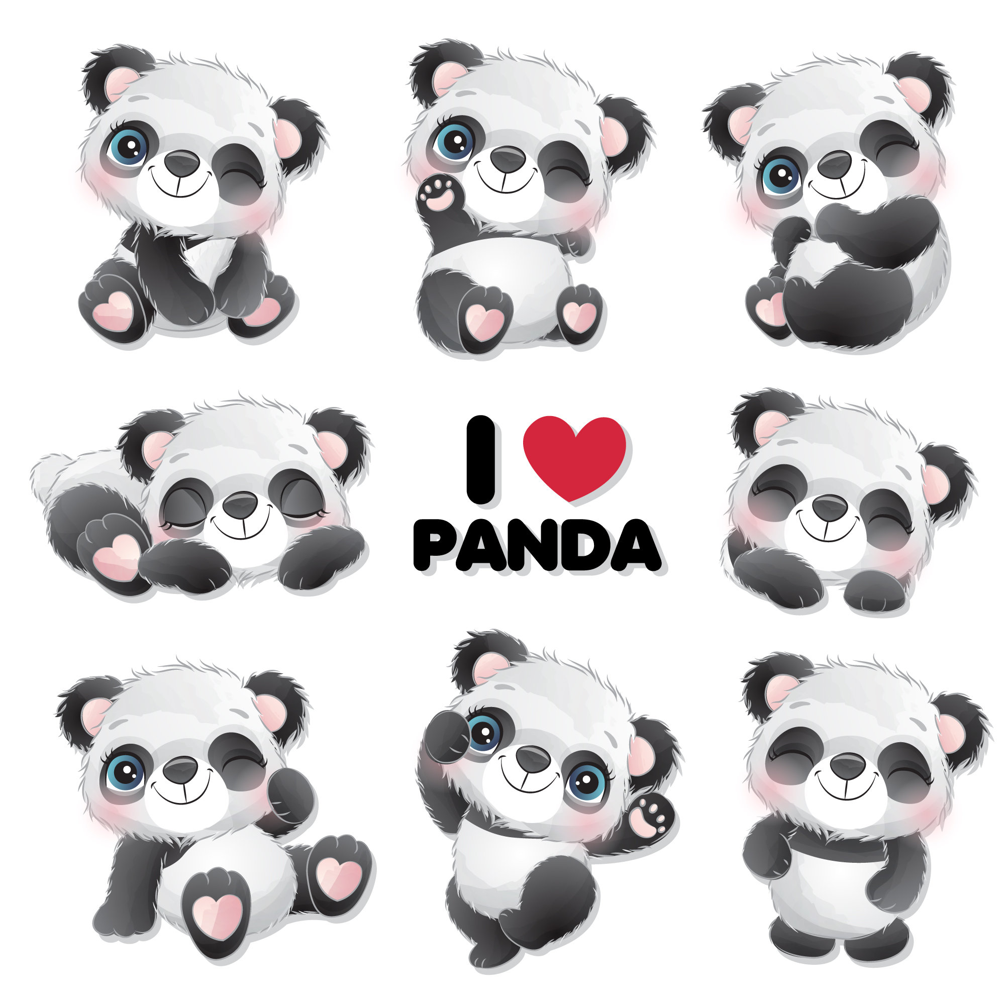 Cute panda poses clipart with watercolor illustration