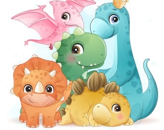 Cute dinosaur clipart with watercolor illustration