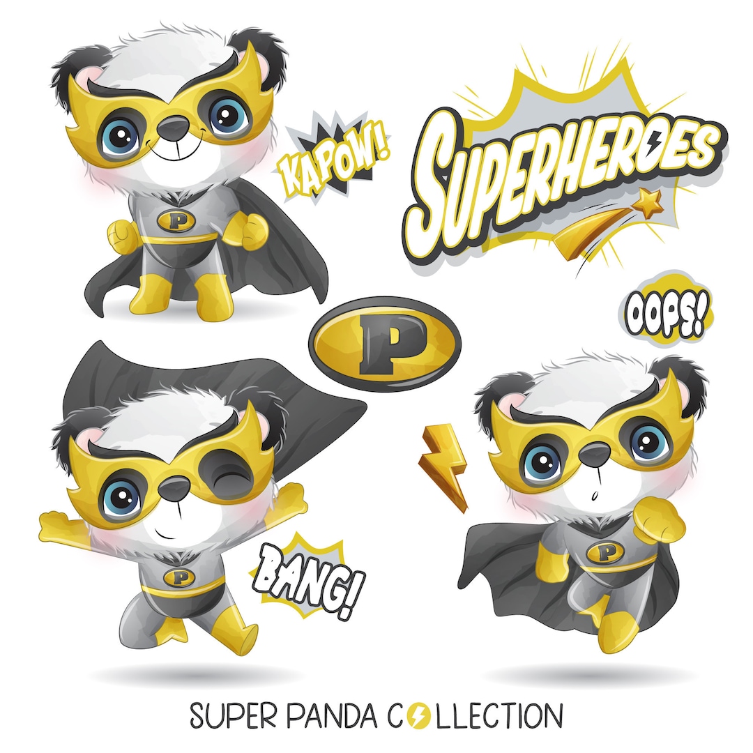 Cute Panda Superhero Poses Clipart With Watercolor Illustration - Etsy