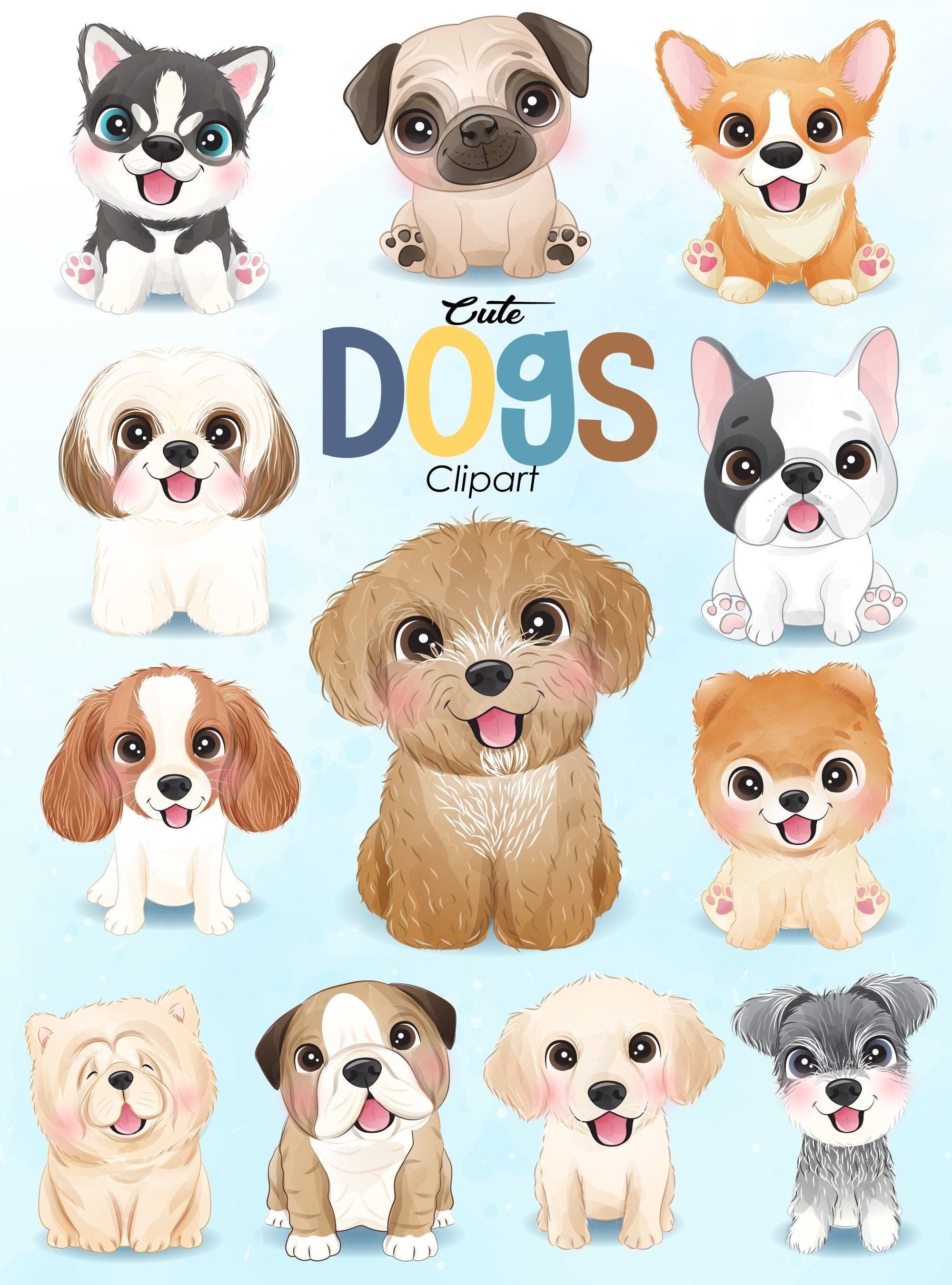 Cute Dog Illustration
 Cute dogs clipart with watercolor illustration