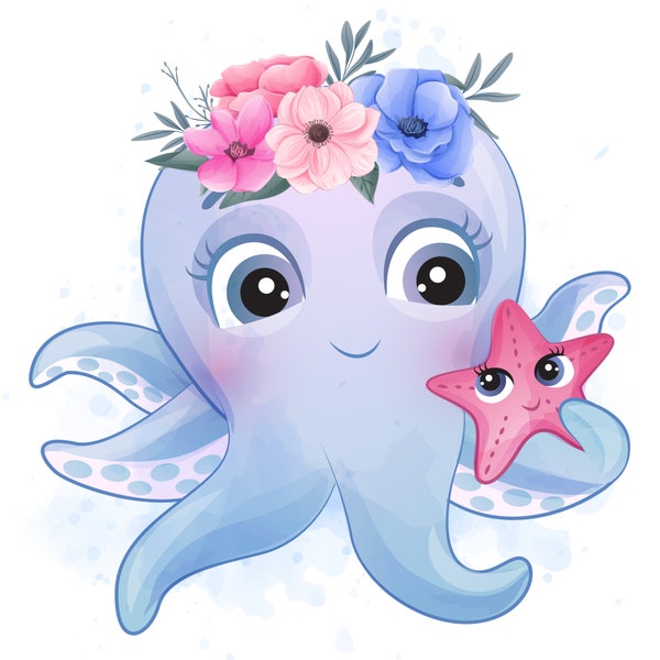 Cute octopus clipart with watercolor illustration