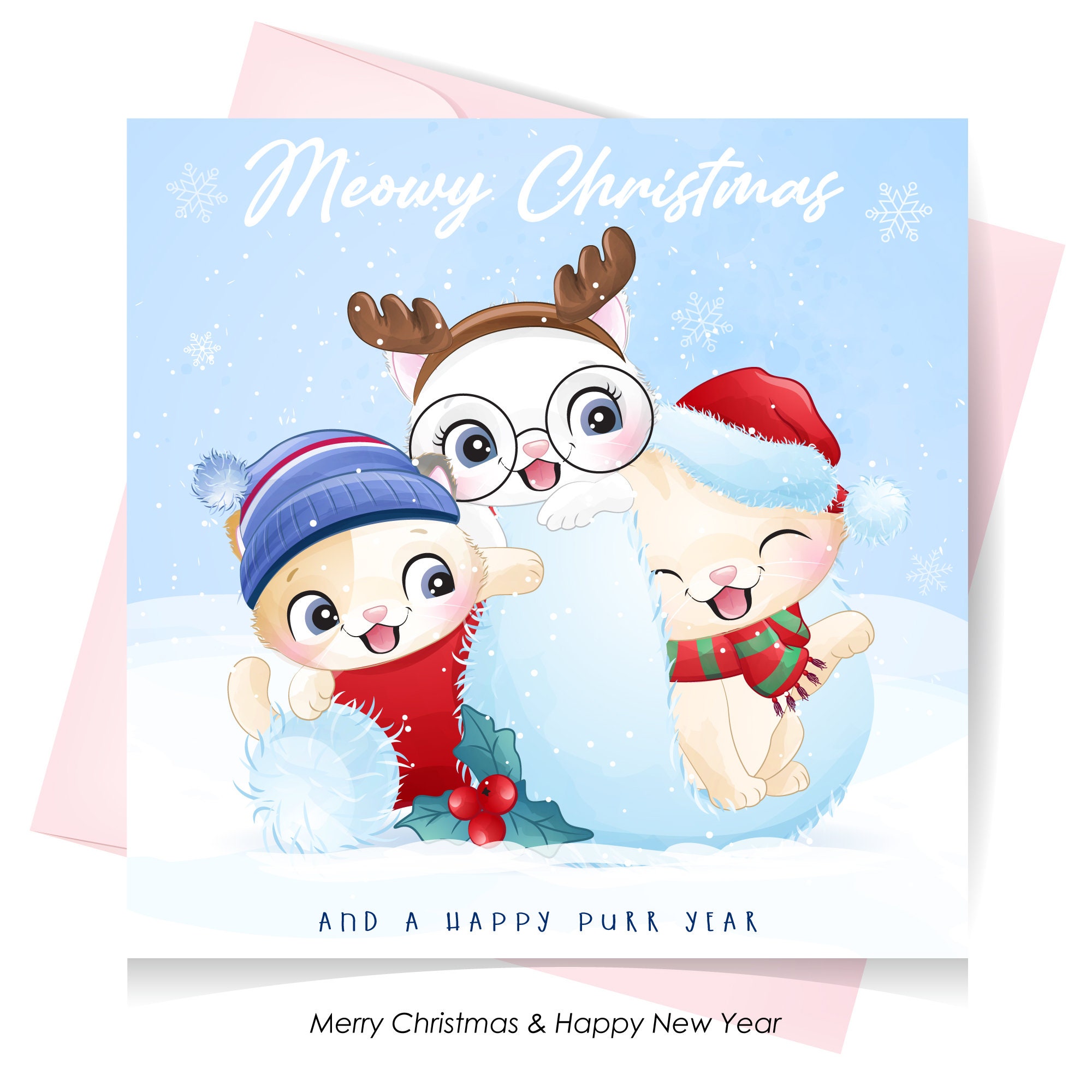 Cute kitty for merry christmas greeting card clipart