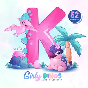 Doodle girly dinosaurios con conjunto completo de imágenes prediseñadas digitales del alfabeto.