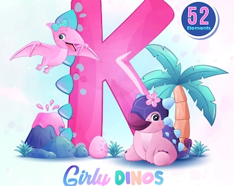 Doodle girly dinosaures avec clipart numérique alphabet ensemble complet.