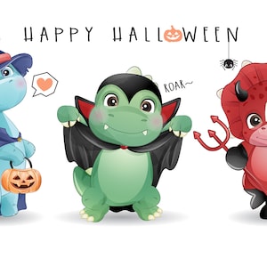 Dinosauro carino per clipart di Halloween con illustrazione ad acquerello