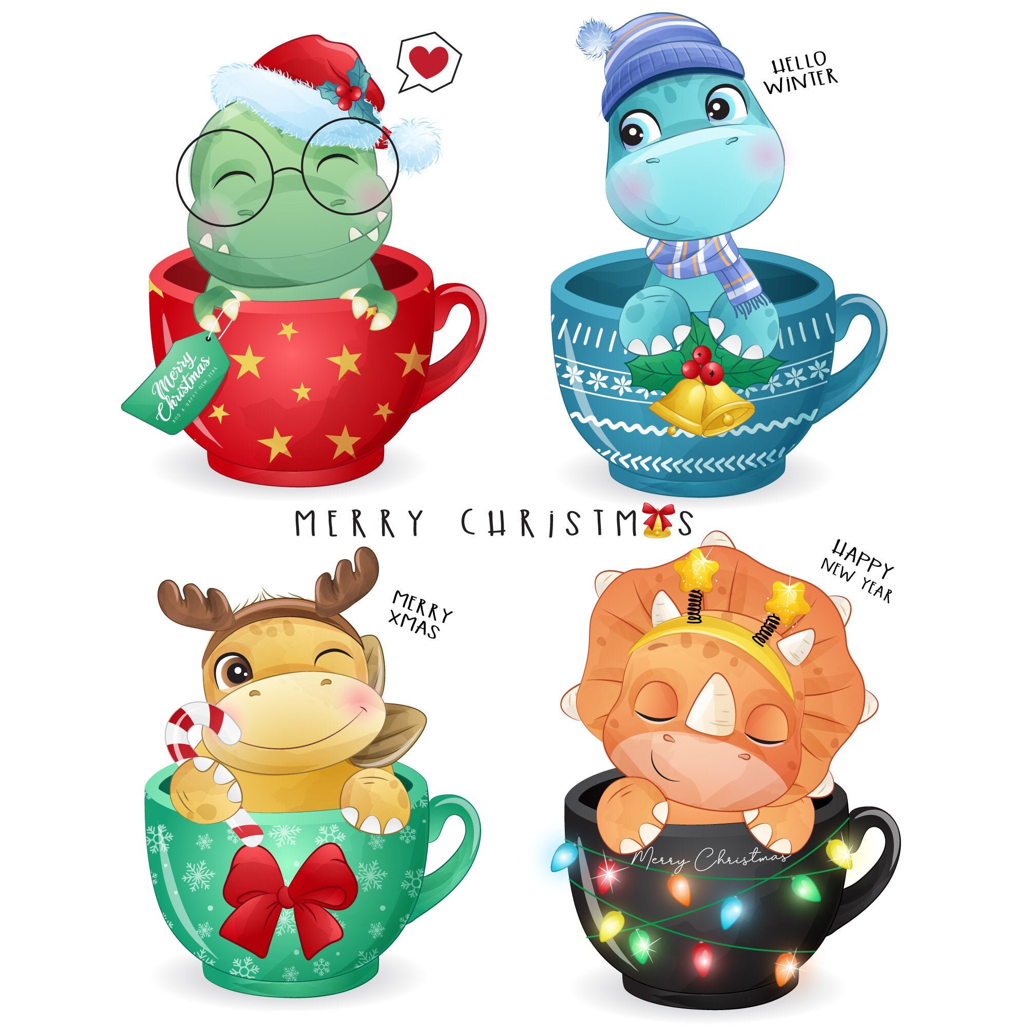 Cute dinosaur for merry christmas clipart with watercolor | Etsy